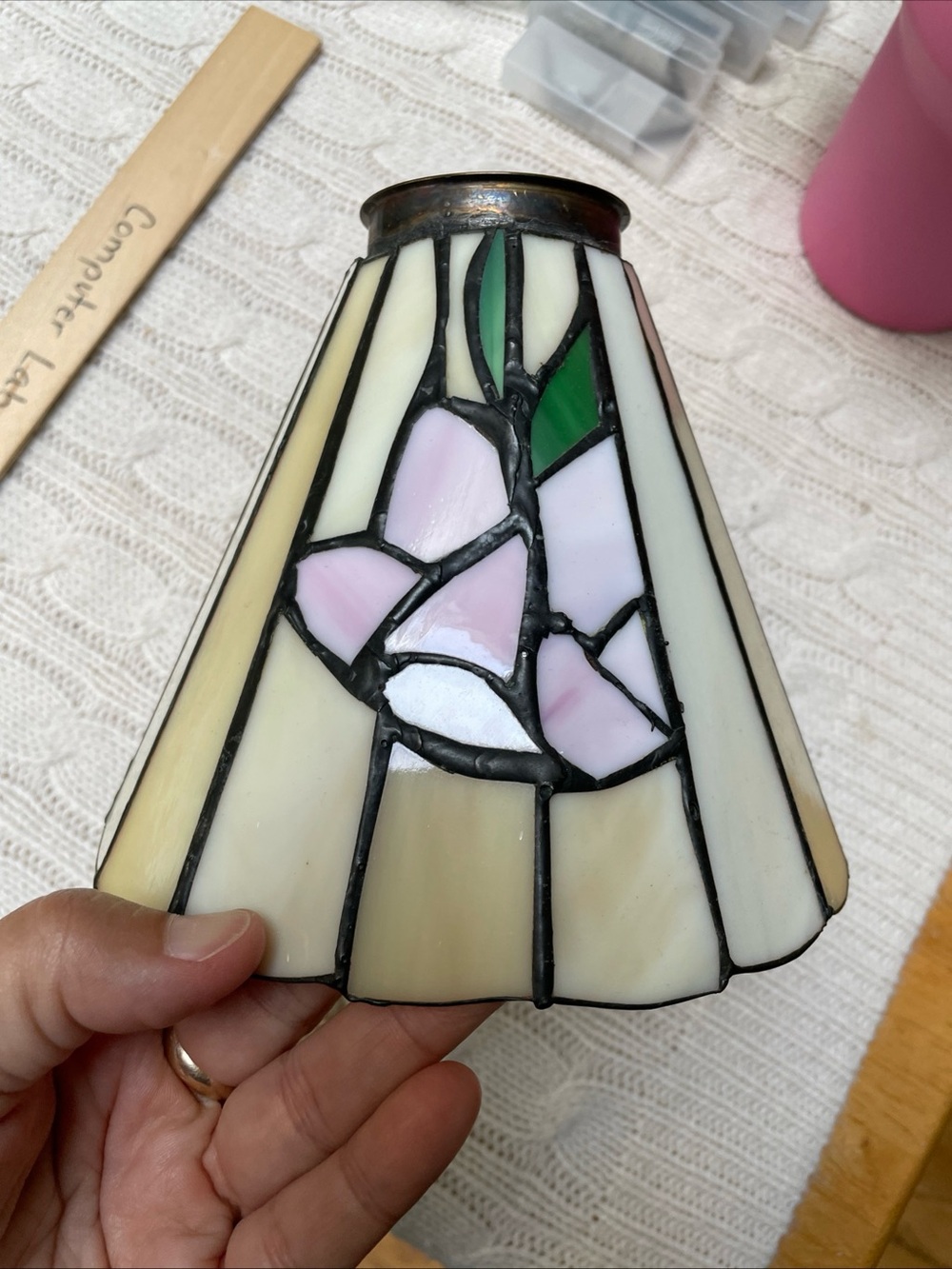 Stained glass floral lamp shade. 2” diameter at top, 6” at bottom, 5.5” height